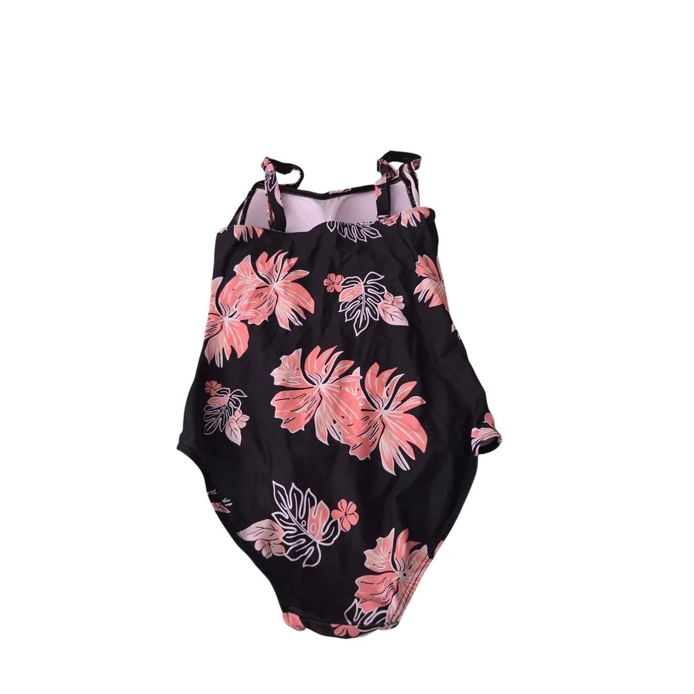 Floral Tropical One Piece Swimsuit Black Pink Hibiscus Ruched Sweetheart Size M